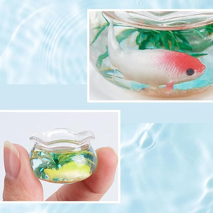 SUNNYCLUE 5Pcs 5 Styles Miniature Fish Tank Dollhouse Fish Bowl Plastic Simulated Round Goldfishes Grass Bowls Tanks Mini Display Decorations Accessories for Desktops Garden Scene Decors DIY Crafts