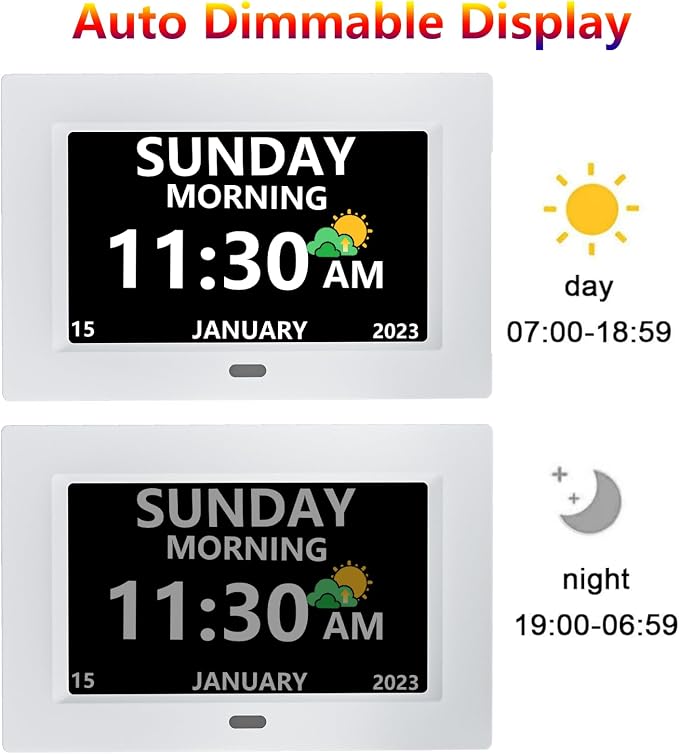MRCHYDZ 7 Inch Clock with Day and Date for Elderly Large Display Digital Clocks 12 Alarm 3 Display Modes Large Font Alzheimer's Clock Alarm Clocks for Seniors Auto DST White
