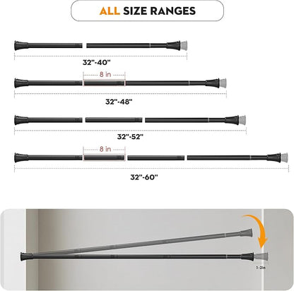 1.1 Inch Diameter Tension Closet Rods for Hanging Clothes 32-60 Inch, Adjustable Pole Closet to Hang Clothes, Heavy Duty Closet bar for Wardrobes with No Drilling Holder, Matte Black