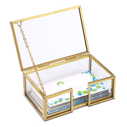 Hipiwe Glass Business Card Holder Box with Lid - Desktop Name Card Display Box Organizer Gold Metal Business card Container Box for Office Countertop