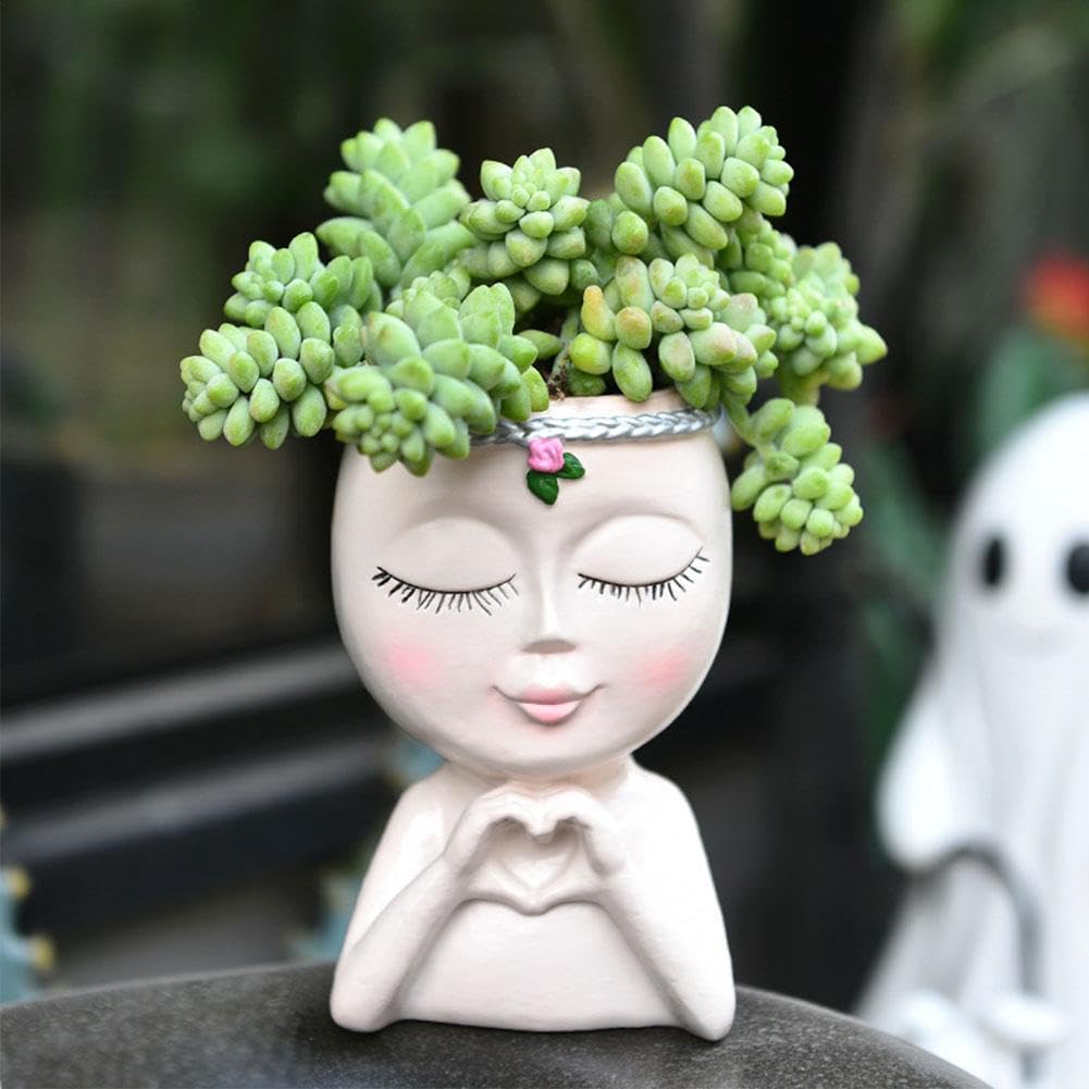 Face Planter Pot with Heart Hands, Unique Resin Head Planter for Indoor Plants, Cute S-ucculent Pots with Drainage Hole, Decorative Makeup Brush Holder for Vanity, for Women