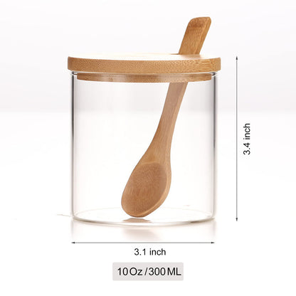 300ML/10Oz Clear Glass Jar with Bamboo Lid and Wooden Spoon, Cute Sugar Bowl Bath Salt Storage Canister Seasoning Container Condiment Pot with Scoop for Spice, Pepper for Kitchen, Table, Countertop