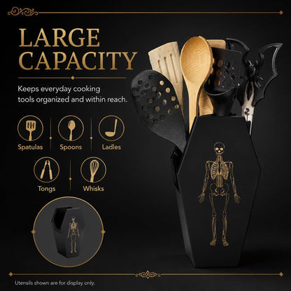 TOSOENPHY Halloween Gothic Kitchen Decor - Goth Coffin Utensil Holder (Utensils Not Included), Dual-Sided Laser-Etched Skeleton, Solid Wood Large Capacity for Spooky Bats Spoons Skull Spatulas
