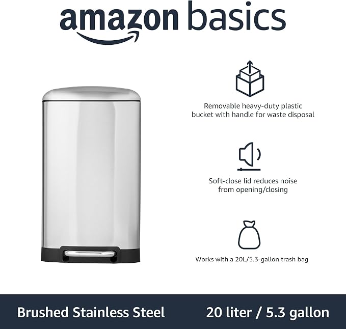 Amazon Basics Rectangular Small Trash Can with Soft-Close Step Pedal, Removable Inner Bucket, Hands-Free, Space-Saving, Smudge Resistant, 20l / 5.3 gallon, Nickel