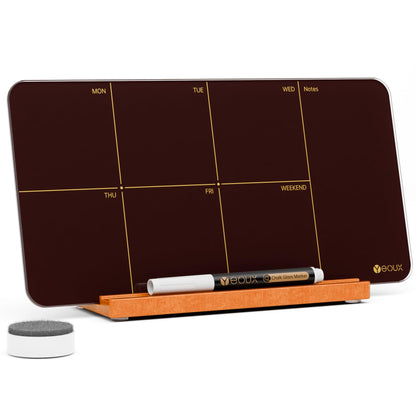 Desk Weekly Glass Dry Erase Board with Detachable Wood Stand, Burgundy Red, Small Desktop Calendar to Do List Planner Whiteboard 12x6 for Office, Home, Schools, Marker&Eraser Included, Yeoux