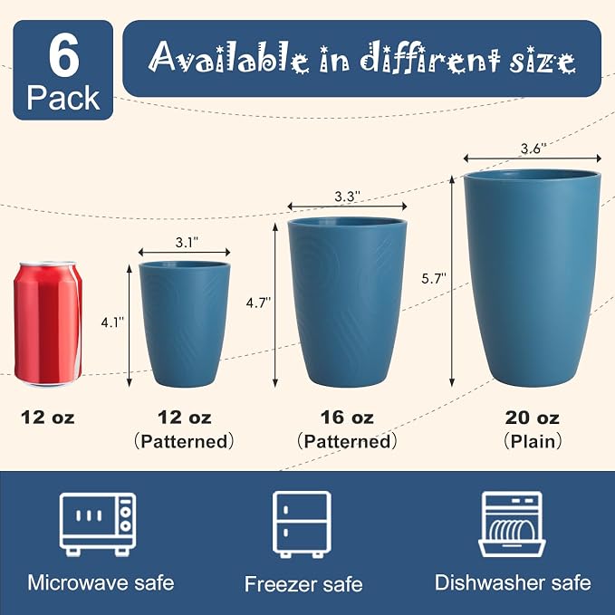 Large 20 OZ Wheat Straw Cups, Unbreakable Drinking Glasses Set of 6, Alternative to Reusable Plastic Cups, Dishwasher Safe Tumblers for Kitchen Outdoor Camping RV, Blue