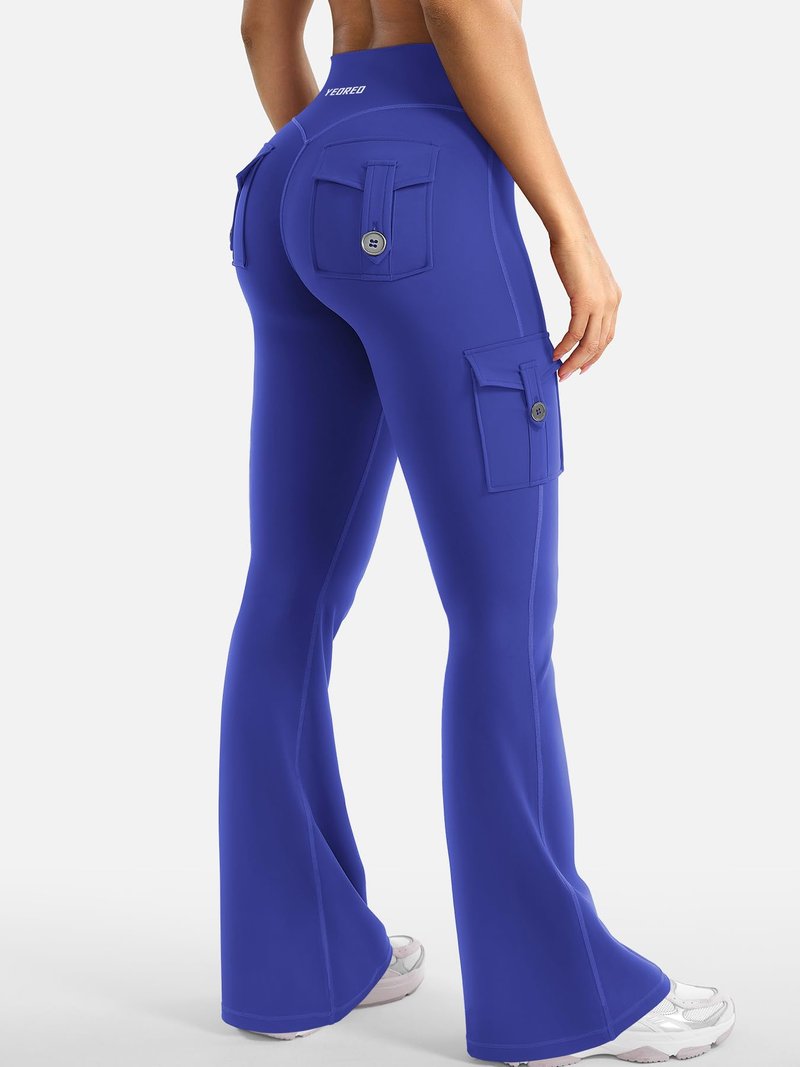 YEOREO CoreFlex Women Workout Flare Leggings with Pockets Hidden Scrunch Cargo Gym Yoga No Front Seam Leggings Dazzling Blue XXL
