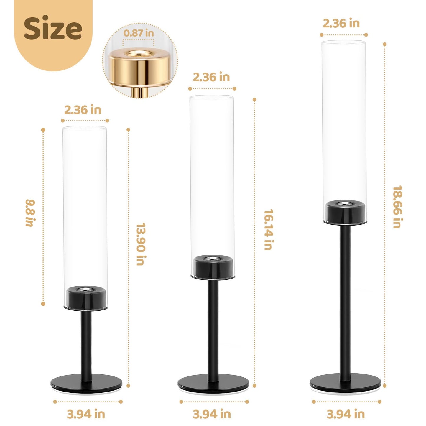 Black Hurricane Glass Candle Holders Set of 3, Tall Metal Taper Candle Stick Holder, Clear Candlestick Holders, Table Centerpieces Decor for Dining Dinner, Weddings, Christmas Fireplace Decorations