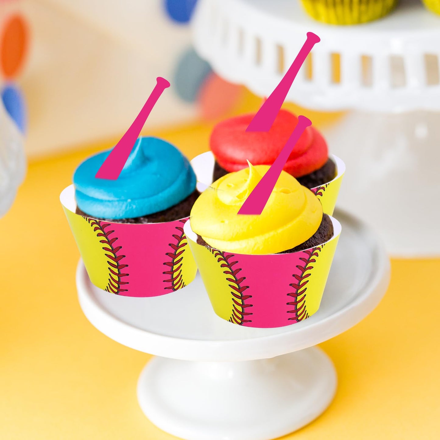Whaline 36 Pcs Softball Cupcake Wrappers and Toppers Pink Bat Cupcake Liners Decorative Dessert Holders for Sweet Sport Party Cake Decoration