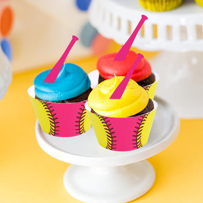 Whaline 36 Pcs Softball Cupcake Wrappers and Toppers Pink Bat Cupcake Liners Decorative Dessert Holders for Sweet Sport Party Cake Decoration