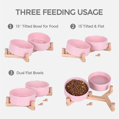 Ceramic Dog Bowls for Small Size Dogs, Cat Food and Water Bowl Set with 15° Adjustable Wood Stand, Raised Non-Slip Pet Bowls, Dual Feeder for Cats & Small Dogs, Matte Glaze 13.5oz Set of 2(Soft Pink)