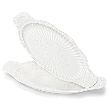 Suwimut 2 Pack Porcelain Oval Serving Platters, 14 Inch Large Embossed White Serving Plates for Entertaining, Oven Safe Stackable Ceramic Dinner Tray for Fish, Meat, Appetizers, Fruits, Dessert