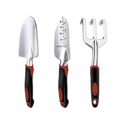 Garden Tool Set, 3 Piece Gardening Tools Includes Garden Trowel, Transplant Trowel and Hand Rake with Non-Slip Ergonomic Handle, Heavy Duty Garden Kit for Planting, Garden Gifts Red