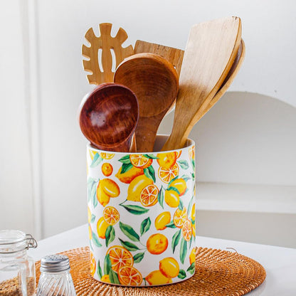 Kitchen Utensil Holder, 6.3" Ceramic Cooking Utensil Holder for Countertop, Large Utensil Crocks for Kitchen Counter Decor, Modren Utensil Organizer Decorative Fruit patterns (Yellow Lemon, 6.3 Inch)