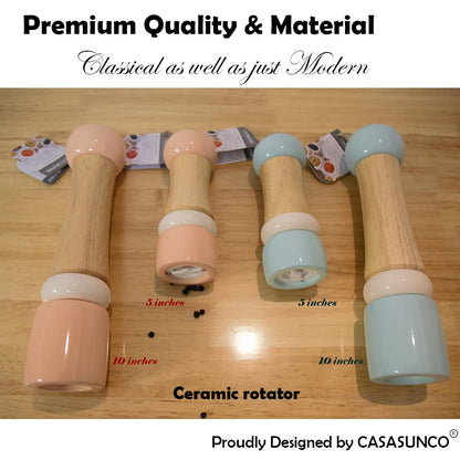 CASASUNCO Manual Salt and Pepper Grinder Set Salt & Pepper Mill Sets Wooden Salt Pepper Grinder Set Salt & Pepper Shakers Gift Set- Customized Coarseness - Ceramic Core - Blue+Peach (Set of 2, 6")