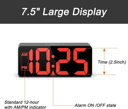 Welgo 7.5 Inches Oversized Digital Alarm Clock for Visually Impaired | 0-100% dimmer, large easy-read numbers, adjustable volume, USB charging port, snooze, outlet-powered for bedroom