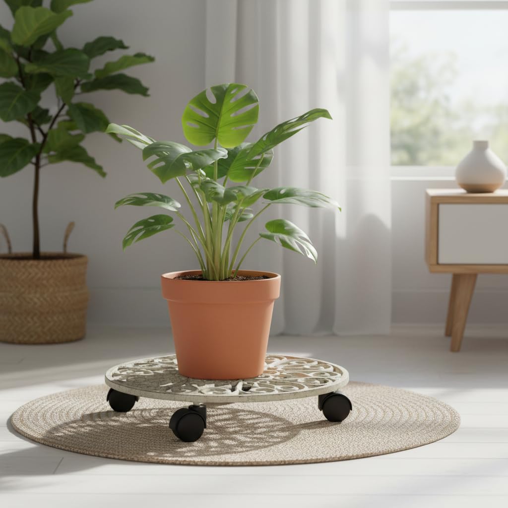 Comfy Hour 12" Cast Iron Plant Caddy with Wheels, Heavy Duty Rolling Flower Pot Stand, Decorative Victorian Style Plant Dolly for Indoor Outdoor Home, Antique White Finish, 1 Unit