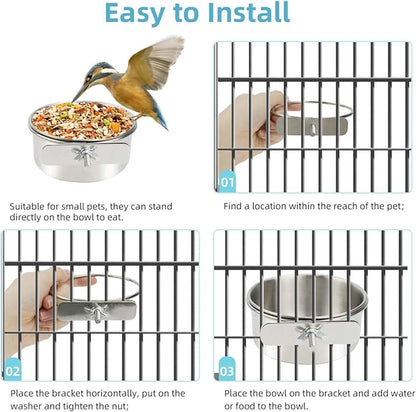 2 Pack Stainless Steel Bird Bowls for Cage Parrot Food Water Bowl Bird Feeding Dish Cups Parrot Food Water Feeder Pet Hanging Bowl Crate Coop Cups with Clamp Holder for Small Animal Dog Parakeet