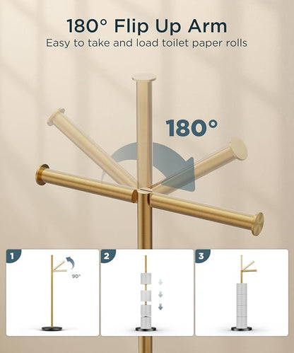 FORIOUS Toilet Paper Holder Stand, Modern Free Standing Tissue Roll Holder for Bathroom, Durable SUS 304 Stainless Steel and Weighted Base, Storage for 4 Rolls (Matte Black & Brushed Gold, 23.2" H)