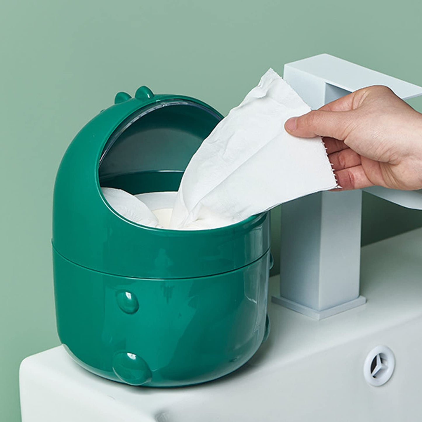 Zunate Mini Desktop Trash Can, Cute Baby Dinosaur Removable Small Garbage Can, Tiny Plastic Trash Bin with Lid/Nonslip Bottom, for Bathroom/Office/Kitchen/Desk/Coffee (Green Baby Dinosaur)