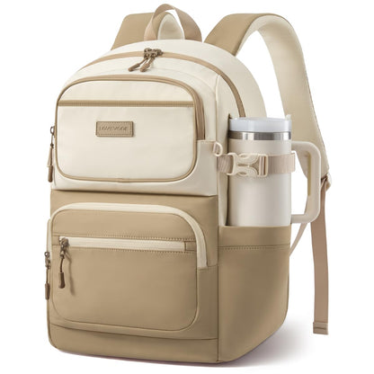LOVEVOOK School Backpack for Teen Girls & College Students, Large Capacity Laptop Backpack with Water Bottle Holder, Lightweight Bookbag for School, Travel & Everyday Use, Beige-Khaki