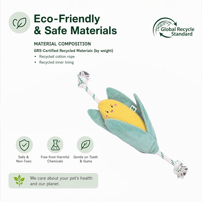 Green Sheep Interactive Plush Dog Toy, No Stuffing Squeaky Toy with Recycled Cotton Rope for Medium to Large Dogs, Corn