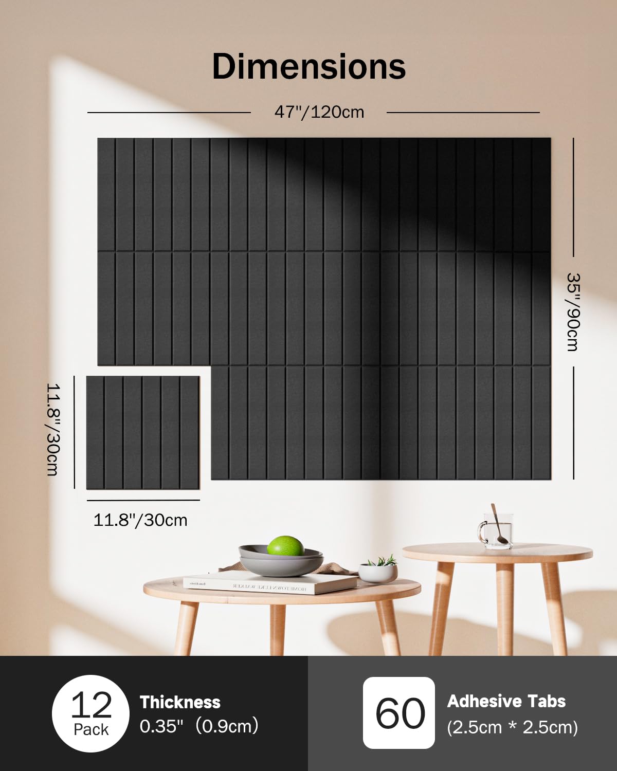 Woovio Large Cork Board, 48" X 36" Bulletin Board, 12 Pack Felt Pin Boards Cork Boards for Walls Office Home Decor, Classroom with 60 Safe Removable Adhesive Tabs Black