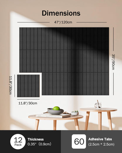 Woovio Large Cork Board, 48" X 36" Bulletin Board, 12 Pack Felt Pin Boards Cork Boards for Walls Office Home Decor, Classroom with 60 Safe Removable Adhesive Tabs Black