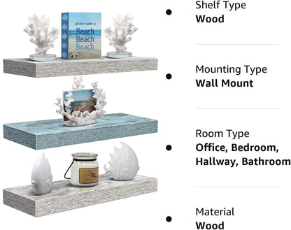 Sorbus Floating Shelves - 3 Pack 16 Inch Rustic & Blue Wall Shelves for Bedroom, Kitchen, Living Room, Bathroom Shelves, Home Decor, Office - Floating Shelf for Trophy, Books, Frames
