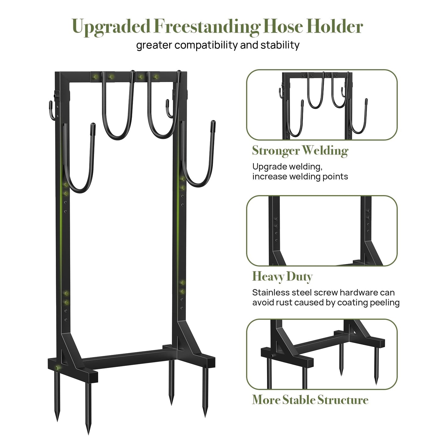 Winpull Garden Hose Holder Water Hose Holder with 4 Spikes, Freestanding Hose Hanger Outdoor Hold Stand Heavy Duty 6 Hooks Metal Garden Hose Storage Hose Reel Rack for Outside (Black)