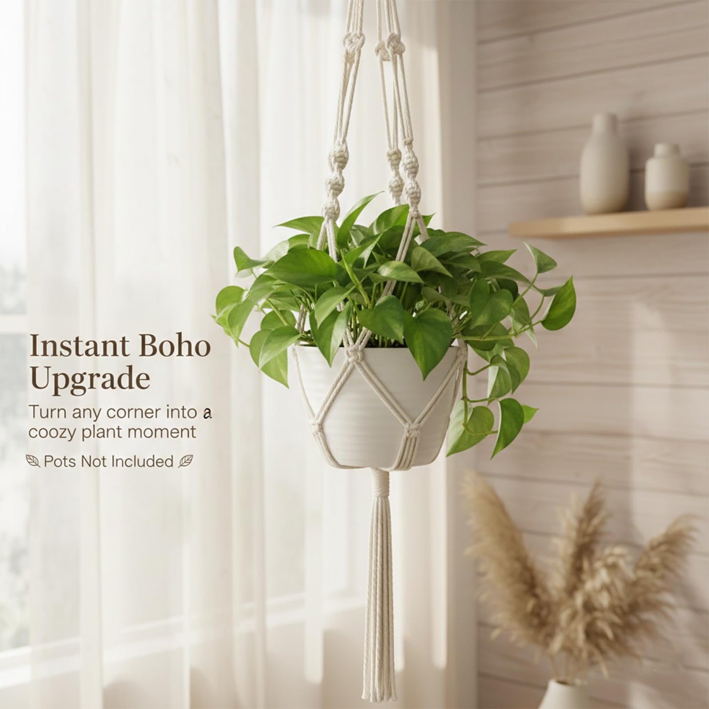 Newnessai 3Pcs Boho-Chic Plant Hangers with Hooks, Ivory Cotton Rope for Indoor/Outdoor Use, Fits 6-10 Inch Pots (Pots Not Included)