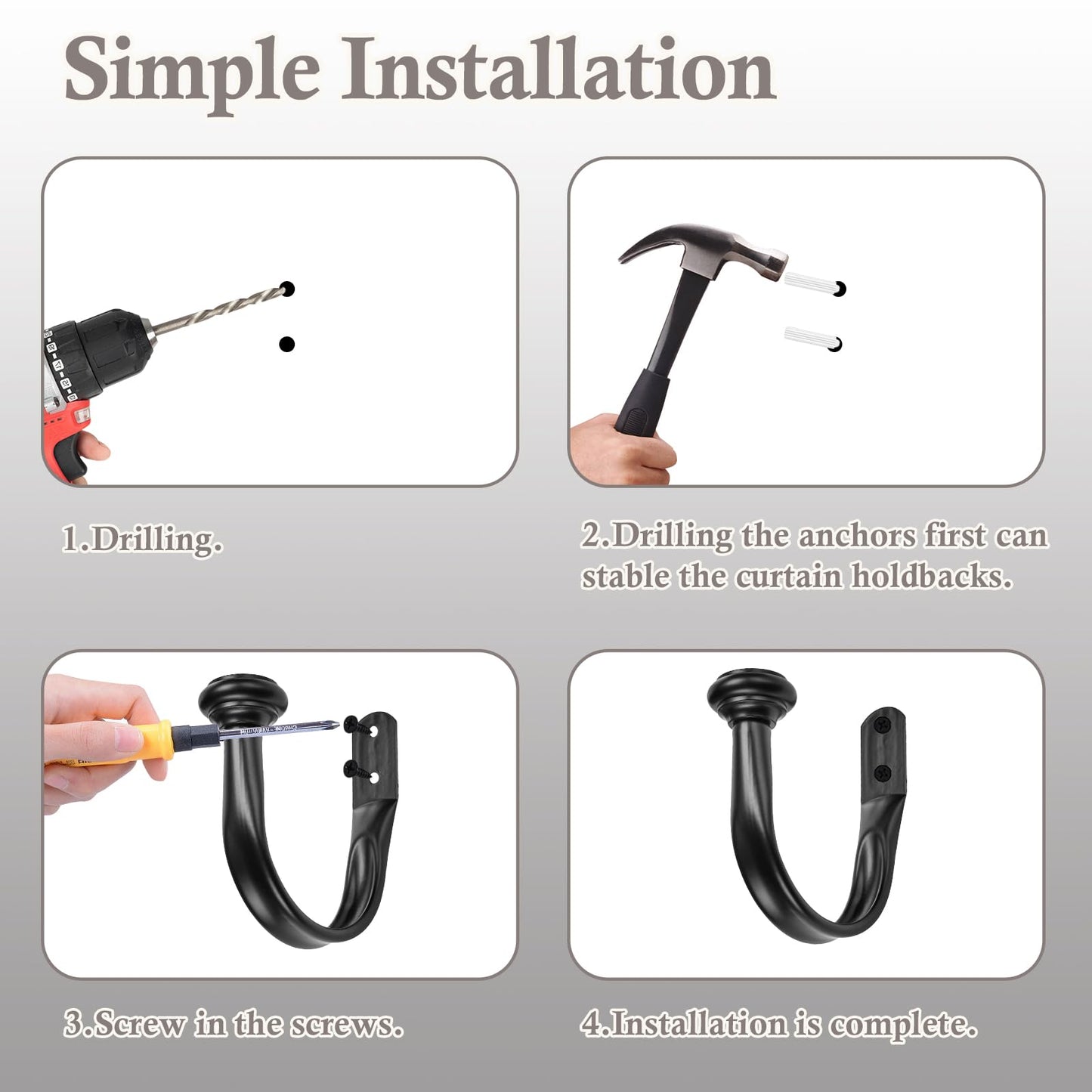 Primero Basics Black Curtain Tiebacks - Wall-Mounted Curtain Holdbacks, Elegant Curtain Hooks for Drapes, Curtain Holders for Wall, Tie Backs for Curtains, Modern Curtain Hooks,2 Pack