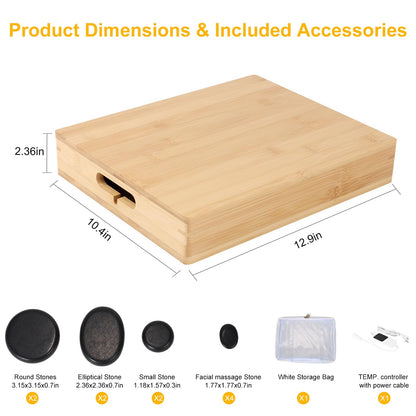 OnVisit Hot Stone Massage Set with Warmer Kit, 10 PCS Rocks Stones with Bamboo Heater Box, Temperature Control and Timing Setting, Massage Stone Heater for Spa & Home Use