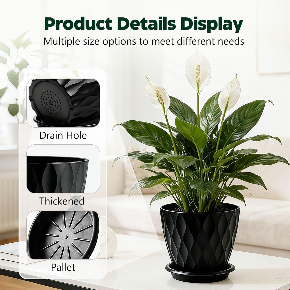 KEETUMOOD Plant Pots, Self Watering Planters with Drainage Holes and Trays, Flower Pots for Indoor Outdoor - 6 Pack(4/5/6/6.5/7/8 Inch) (Black)