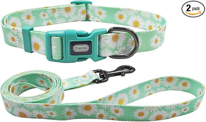 Dog Collar Leash Set, Floral Pattern, Polyester Material, Adjustable Collar and 5ft Matchcing Leash, for Medium Dogs.(M, Light Green Daisy)