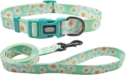 Dog Collar Leash Set, Floral Pattern, Polyester Material, Adjustable Collar and 5ft Matchcing Leash, for Large Dogs.(L, Light Green Daisy)