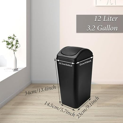 ABuff Small Lidded Trash Can, 12 Liter/3 Gallon Black Plastic Garbage Bin with Lid for Office, Bedroom, Bathroom