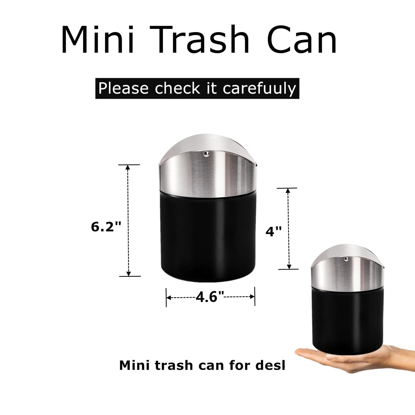 ToppYuanZea 2 Pack Mini Trash Can for Desk, Swing Lid Brushed Stainless Steel Countertop Garbage Bin with 12 Rolls Bags, Modern Tiny Waste Basket for Vanity, Makeup Tabletop, Office Desk, Coffee Table