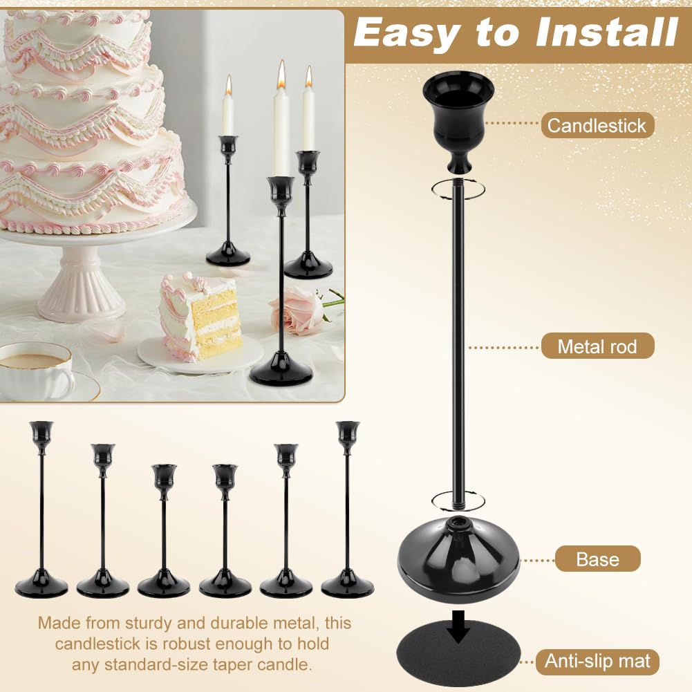 Black Taper Candle Holders Set of 6, 3 Height Metal Candlestick Holders, Detachable with Non-Slip Pads, Base 2.8 in, Fits Standard Taper Candles, for Table Centerpieces