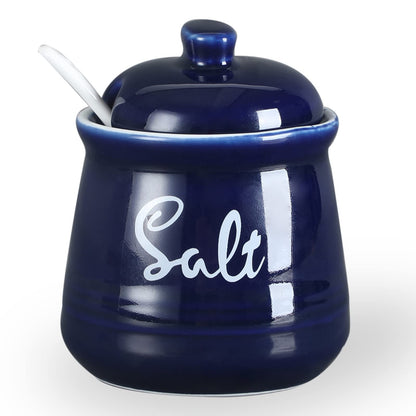 HAOTOP Farmhouse Porcelain Salt Bowl with Lid and Spoon 12oz,Easy to Clean (Navy)