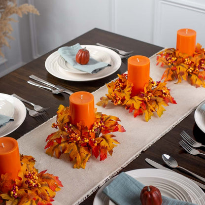 Factory Direct Craft Fall Oak Leaf Candle Rings with Autumn Berries - Set of 4 Artificial Floral Pillar Candle Wreath Rings for Thanksgiving and Halloween Tables Fall Decor Wedding Centerpieces