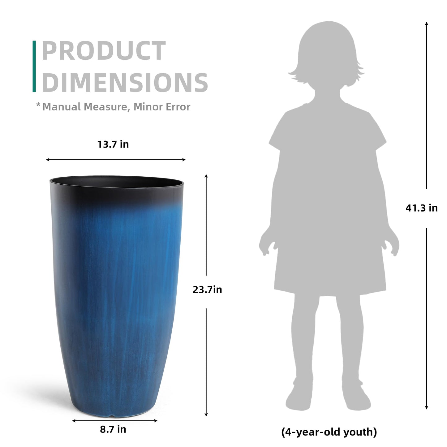 Autodaya 23.8" Tall Planters Large Set of 2 Plant Pots Plastic Flower Pots Outdoor Artistic Floating Cobalt Blue Glaze, UV-Protect & Lightweight PP Container for Garden, Patio, Deck, Porch, Indoor