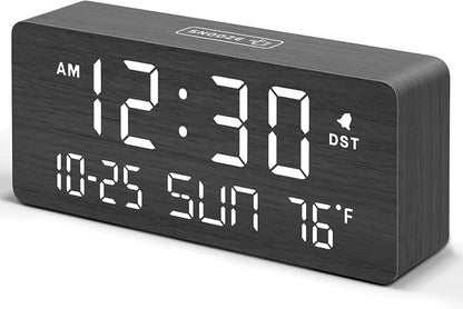 DreamSky Wooden Digital Alarm Clocks for Bedrooms with Date & Day of Week | Living Room Desk Clock, Temperature, USB Port, Dimmer Wheel, Adjustable Volume, Auto DST, Office Wood Decor (Plug-in)