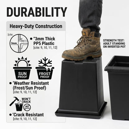 10 inch Square Planters - 4 Pack Deep 13 inch Plastic Plant Pot with Drainage Holes & Raised Feet, Matte Black 4 Gal Heavy Duty Thick Indoor Outdoor Flower Pot for Trees, Roses, Tomatoes