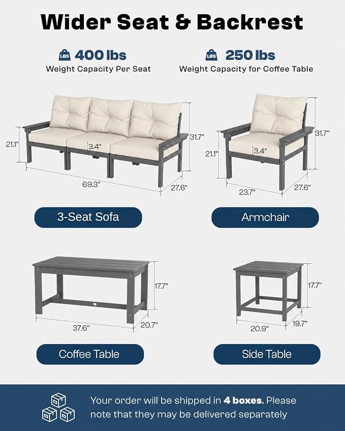HDPE Outdoor Patio Furniture Set, 7-Piece Patio Conversation Sets with Coffee Table & Side Table & Beige Washable Thick Cushions, Outdoor Sofa for Balcony, Porch (Grey Frame)