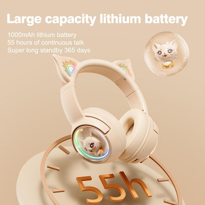 PHNIXGAM Cat Bluetooth Headphones, Wireless Headset with Mic, RGB LED Light Compatible with Mobile Phones PC Tablet, with 3.5mm Wired Mode for Audio Only, Beige