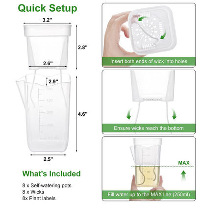 softum 8 Pack 4" Self Watering Pots for Indoor Plants, Clear Plastic Propagation Cups with Wick and Plant Labels for Cuttings, Seedlings, Herb, African Violet