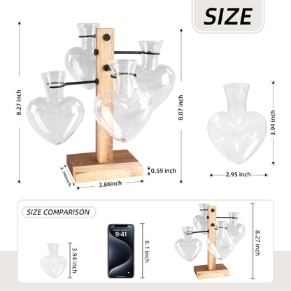 Plant Propagation Station with Acacia Wood Stand, 4 Heart-Shaped Propagation Vases for Plants, Unique Terrarium Kit for Office and Home Decor, Gifts for Plant Lovers