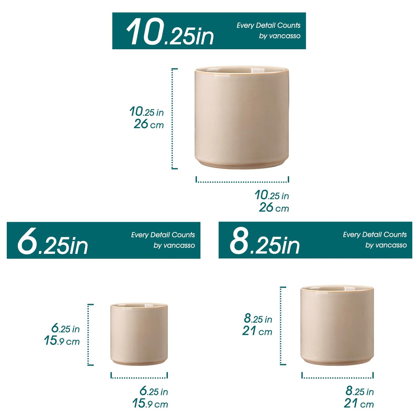 vancasso 6"+8"+10" Ceramic Pot for Plants, Large Outdoor Indoor Planter Pots with Drainage Holes, Set of 3, Grey