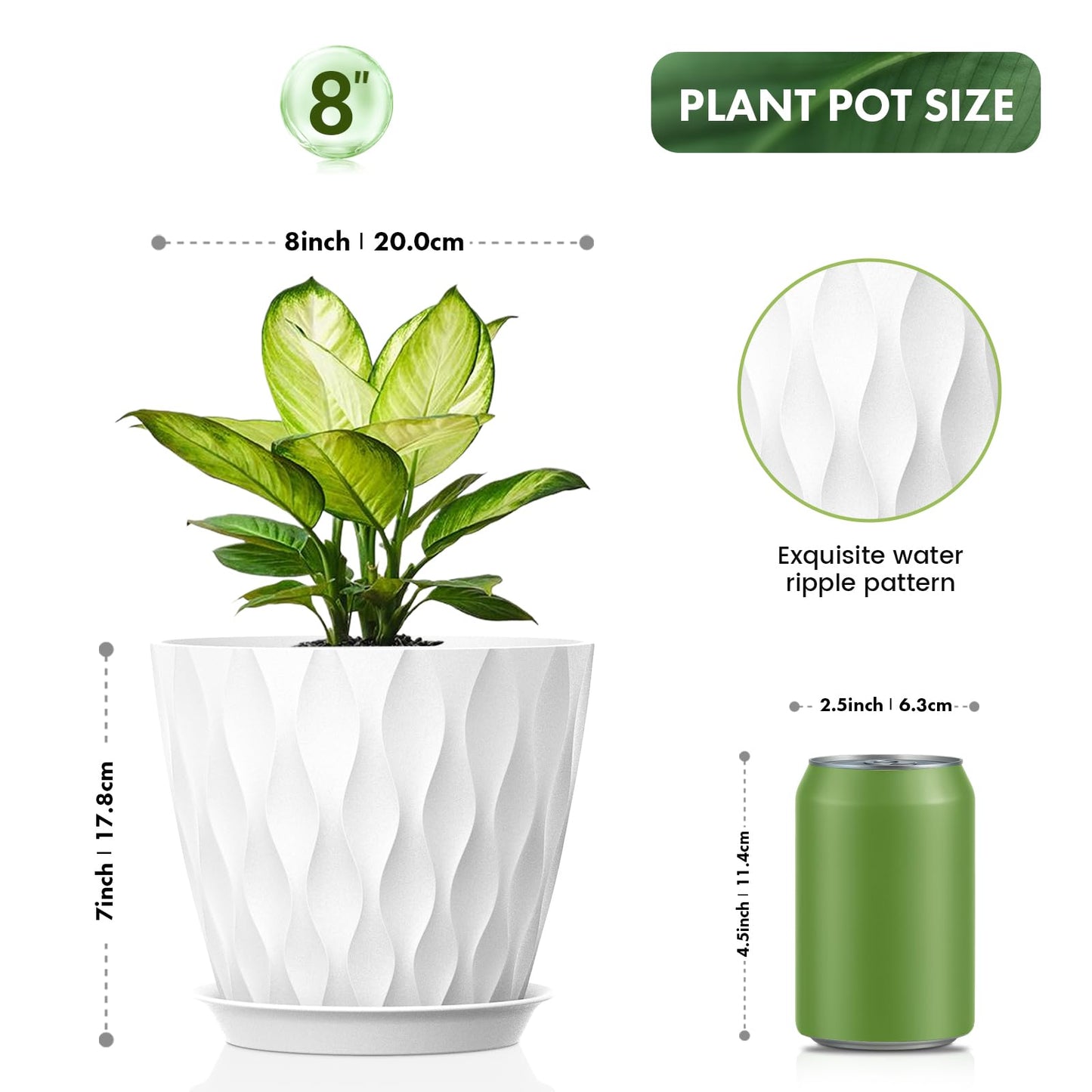 UOUZ 8 Inch Plant Pots, 4 Pack Plastic Planters for Indoor Outdoor with Drainage Holes & Saucers, Waffle Texture Flower Pots for Indoor Plants, Indoor Plant Pots for Monstera, Fiddle Leaf Fig, White